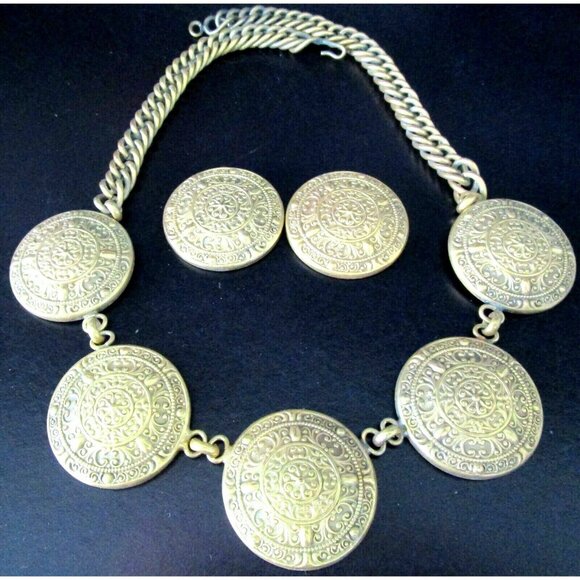 JOSEFF Of HOLLYWOOD Embossed Golden Disc Necklace Earring Set - Picture 1 of 4